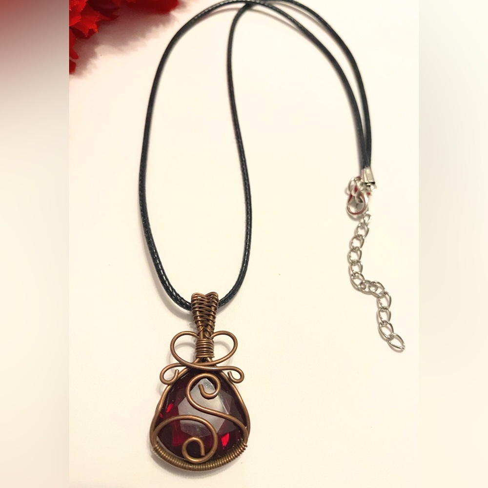 Elegant Wire Wrapped Red Garnet Glass Pendant Necklace